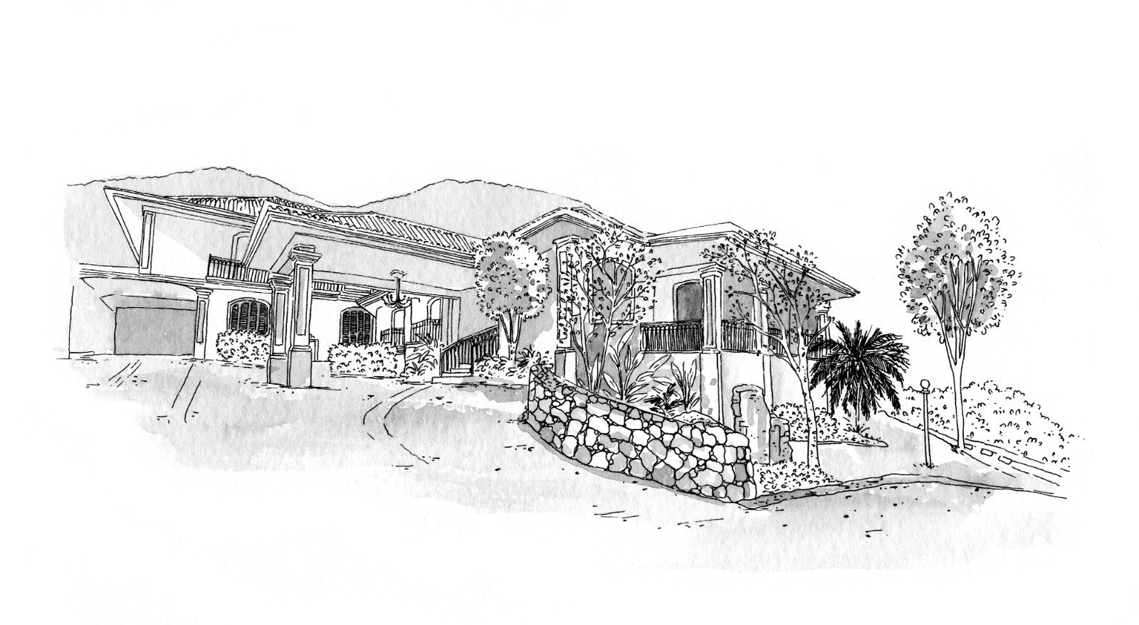 Casarão em sketch e aguada